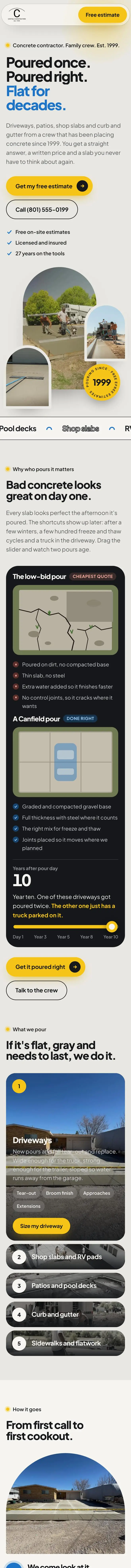 Canfield Construction website on a phone