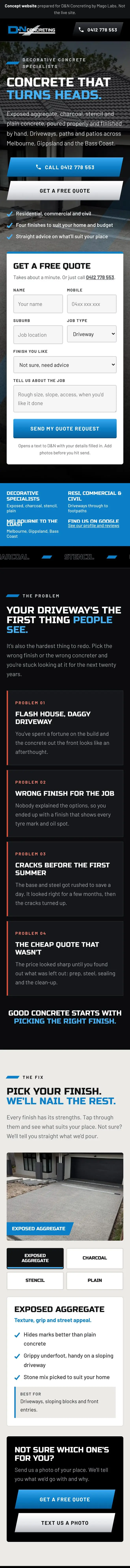 D&N Concreting website on a phone